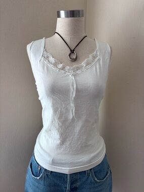 Lace-Trim Beaded Sleeveless Cotton Tank Top